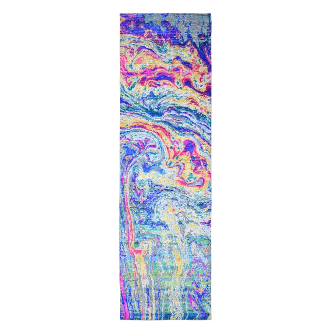 3'x10' Sari Silk - Text Wool The Lava Design Wide Runner Hand Knotted Rug: 3'x10' Sari Silk - Text Wool The Lava Design Wide Runner Hand Knotted Rug Hand-knotted in wool and silk, this vibrant yellow Lava Design wide runner rug boasts an eye-catching Oriental pattern. Measur
