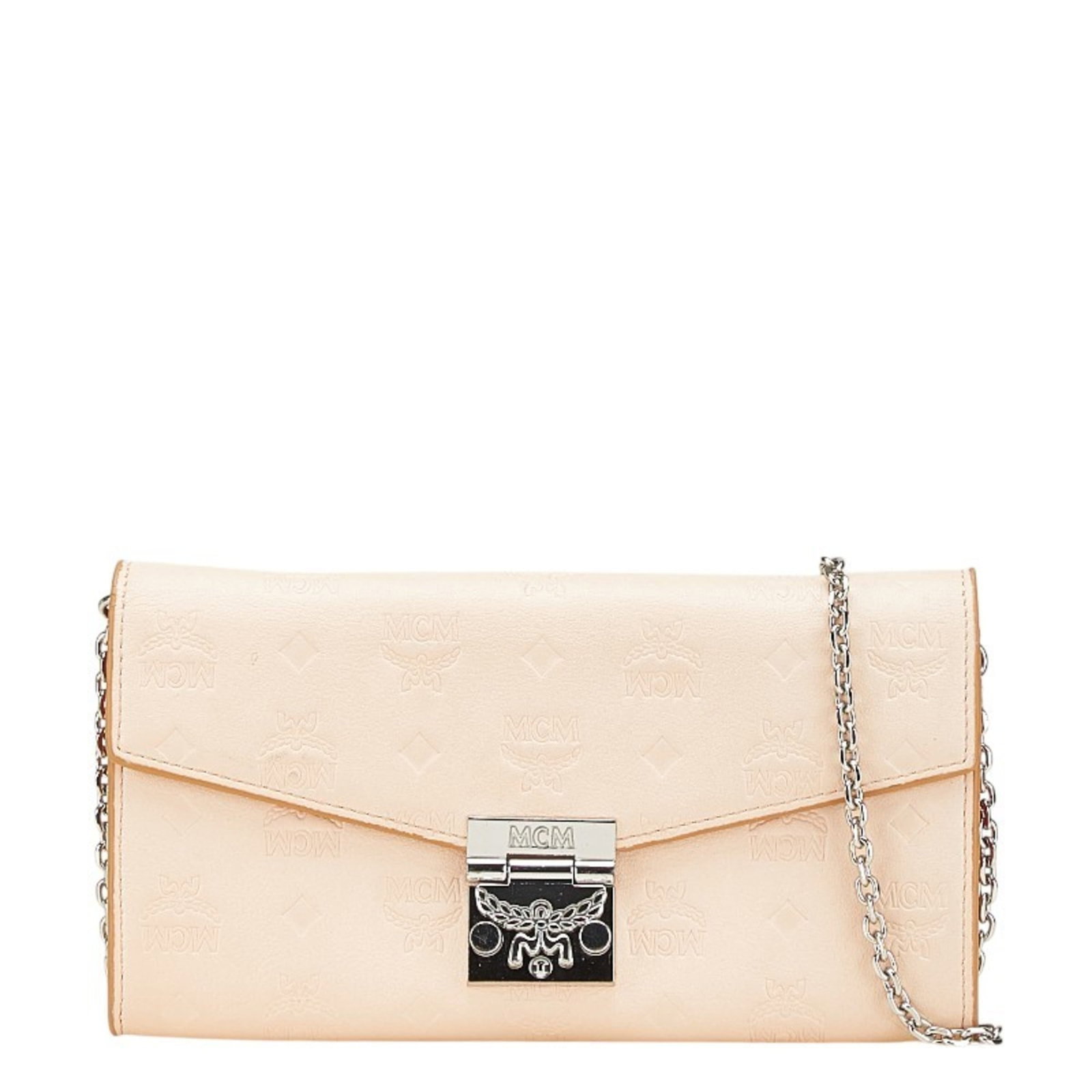 Chain/ Shoulder Leather Wallet: Chain/ Shoulder Leather Wallet Chain/Shoulder leather wallet in pink beige color, featuring a sleek design with a chain strap. Made from high-quality leather, its compact size makes it easy to carry.