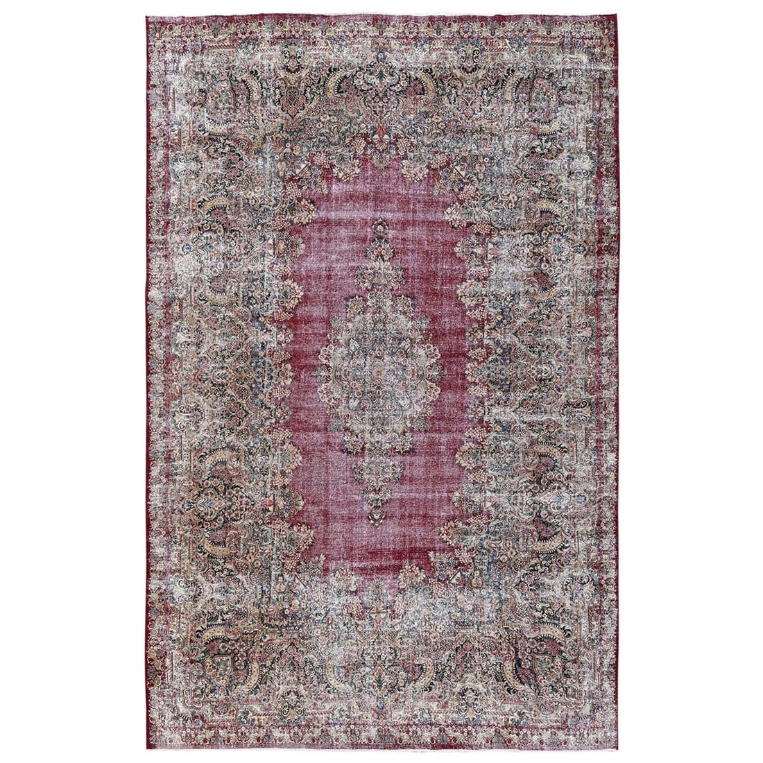 9'9"x15'3" Red Vintage Zoroastrian Karman Hand Knotted Pure Wool Rug: 9'9"x15'3" Red Vintage Zoroastrian Karman Hand Knotted Pure Wool Rug 9'9"x15'3" Red Vintage Zoroastrian Karman Hand Knotted Pure Wool Rug - A stunning example of traditional Turkish craftsmanship, thi