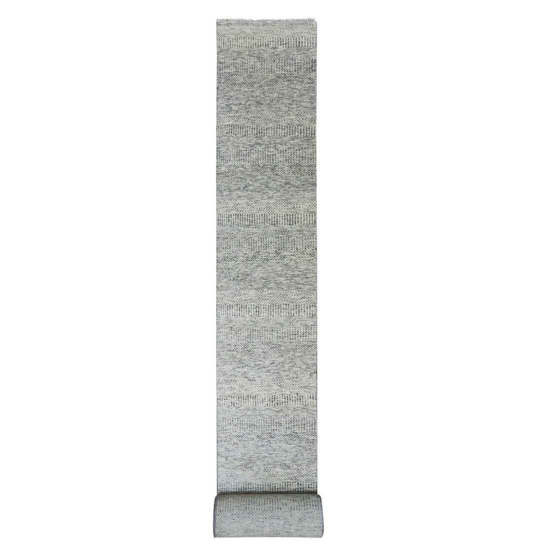 2'5x28'4" Secret Gray Wool Modern XL Runner Hand-Knotted Grass Design Rug: 2'5x28'4" Secret Gray Wool Modern XL Runner Hand-Knotted Grass Design Rug The Secret Gray Wool Modern XL Runner Hand-Knotted Grass Design Rug boasts an impressive size, measuring 2'5" x 28'4" in a stu