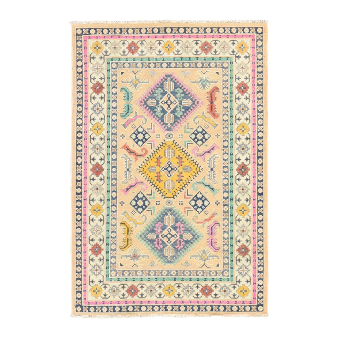 4'1"x6'1" Light Salmon Pink Fusion Kazak Hand Knotted Wool Oriental Rug: 4'1"x6'1" Light Salmon Pink Fusion Kazak Hand Knotted Wool Oriental Rug Hand-knotted wool Kazak rug with vibrant pink fusion color, adding a pop of warmth to any room. This rectangular field design fe