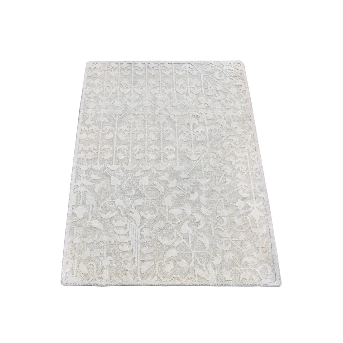 2'x3'4" Ivory Hand Knotted Pure Silk with Textured Wool Tone on Tone Rug: 2'x3'4" Ivory Hand Knotted Pure Silk with Textured Wool Tone on Tone Rug The 2'0" x 3'4" Ivory Hand Knotted Pure Silk with Textured Wool Tone on Tone Rug boasts a stunning rectangular shape and
