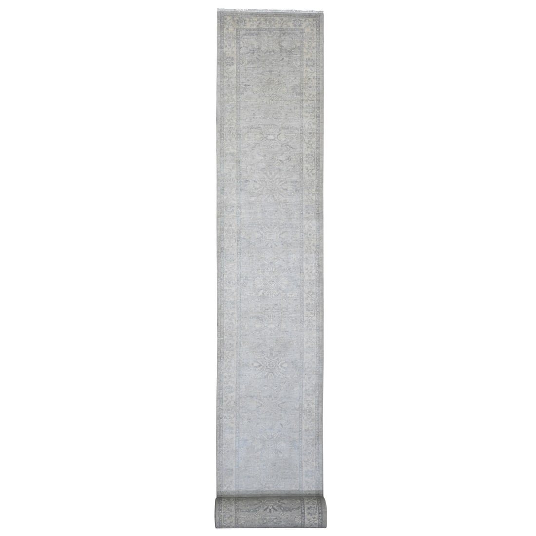 2'10"x31'9" Gray Heriz All Over Design Pure Wool Hand Knotted Runner Rug: 2'10"x31'9" Gray Heriz All Over Design Pure Wool Hand Knotted Runner Rug Hand-knotted in pure wool, this stunning 2'10"x31'9" gray Heriz all-over design runner rug boasts a rich, intricate pattern ins