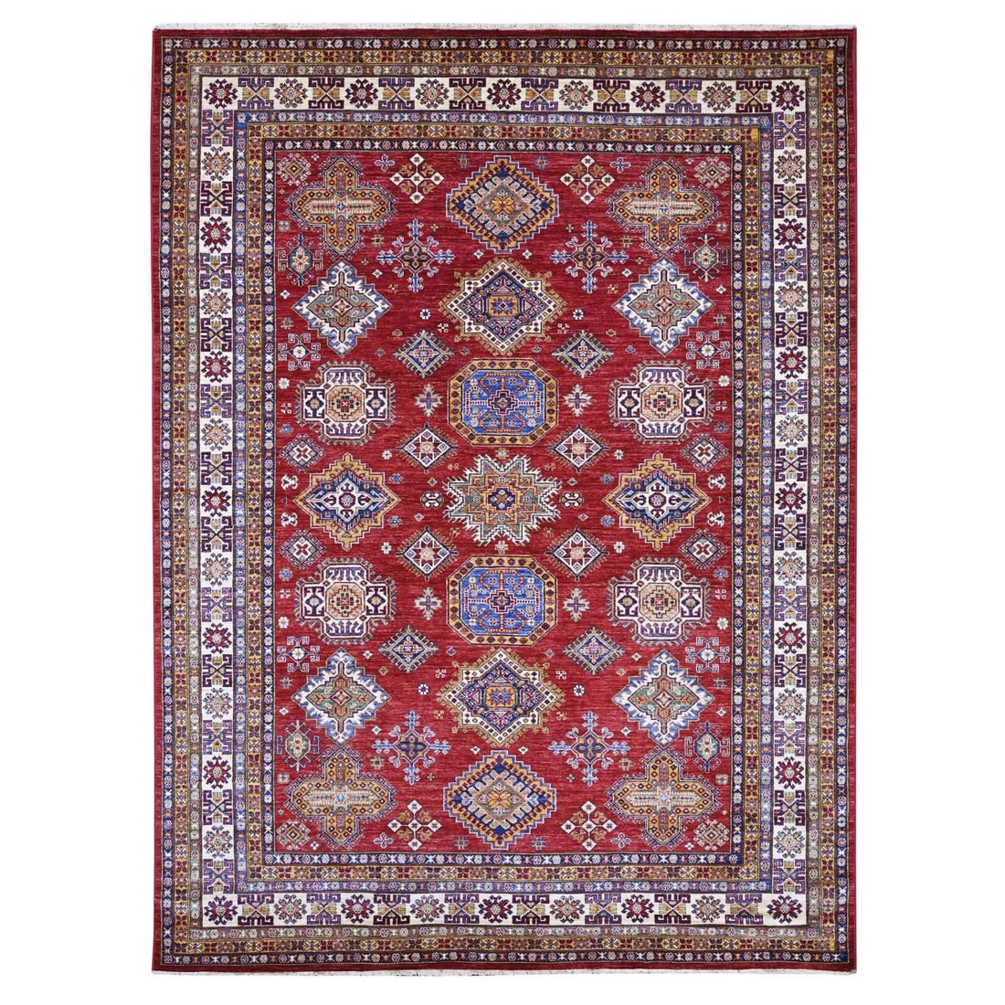7'10"x10'6" Red Afghan Super Kazak Medallions Design Hand Knotted Wool Rug: 7'10"x10'6" Red Afghan Super Kazak Medallions Design Hand Knotted Wool Rug 7'10" x 10'6" Red Afghan Super Kazak Medallions Design Hand Knotted Wool Rug features an all-over regional design in vibrant 