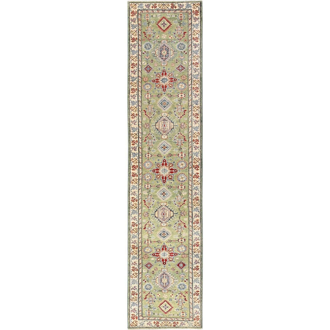 2'8"x12'7" Green Kazak with Geometric Design Hand Knotted Rug Wool Runner: 2'8"x12'7" Green Kazak with Geometric Design Hand Knotted Rug Wool Runner Green Geometric Design Hand-Knotted Wool Runner. This 2'8"x12'7" green Kazak rug boasts an eye-catching geometric design, hand