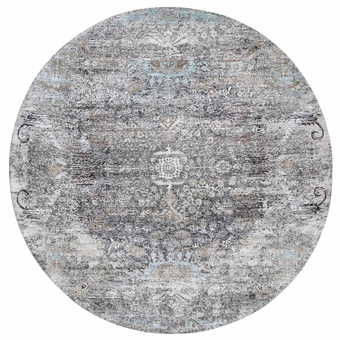 11'10"x11'10" Gray Silk with Wool Hand Knotted Transitional Round Rug: 11'10"x11'10" Gray Silk with Wool Hand Knotted Transitional Round Rug The 11'10"x11'10" Gray Silk with Wool Hand Knotted Transitional Round Rug boasts an impressive hand-knotted construction, weaving 