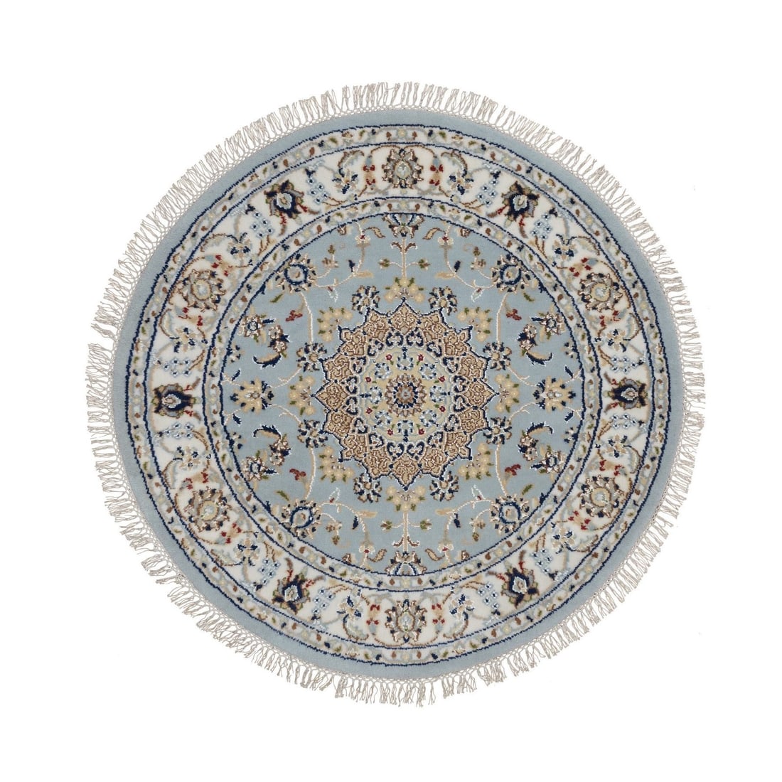 Light blue wool silk hand knotted nain medallion design round: Light blue wool silk hand knotted nain medallion design round Light blue wool silk hand knotted Nain medallion design round rug, measuring 3'3" x 3'3" with a rich blue field and intricate medallion pa