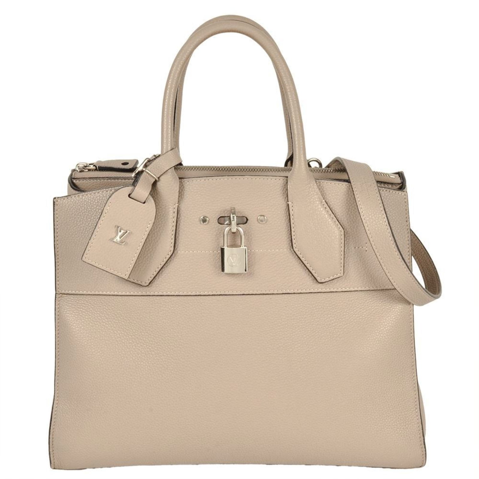 Handbag leather from Louis Vuitton: Handbag leather from Louis Vuitton Beige Louis Vuitton handbag with open inner pocket and zipper outer pocket, measuring 25cm x 31cm x 15cm. Comes with dust bag, key, name tag, padlock, and shoulder