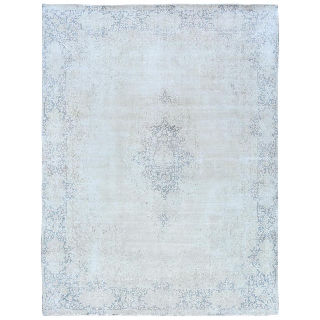 9'x12' Blue Worn Wool Hand Knotted Distressed Old Farsian Karman Rug: 9'x12' Blue Worn Wool Hand Knotted Distressed Old Farsian Karman Rug 9'x12' Blue Worn Wool Hand Knotted Distressed Old Farsian Karman Rug boasts an authentic, vintage look with its faded blue border a