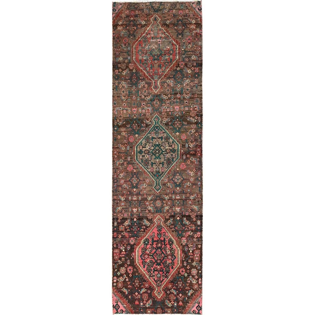 2'6"x8'7" Brown Vintage Zoroastrian Pure Wool Hand Knotted Wool Runner Rug: 2'6"x8'7" Brown Vintage Zoroastrian Pure Wool Hand Knotted Wool Runner Rug Hand-knotted in pure wool, this vintage Zoroastrian runner rug boasts an all-over regional design in rich brown hues. Measuri