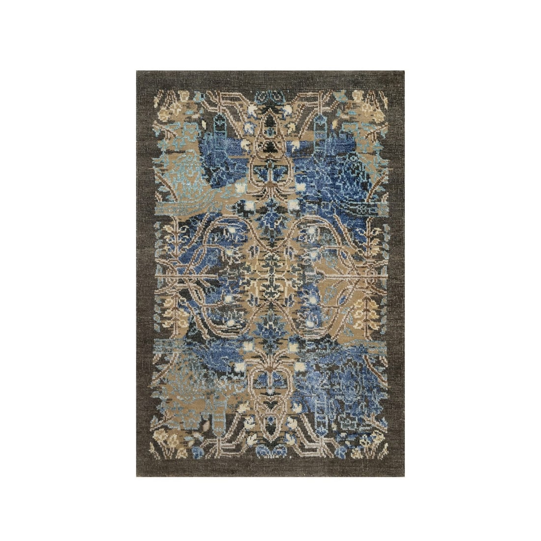 Brown wool silk hand knotted rug brown erased zoroastrian design mat: Brown wool silk hand knotted rug brown erased zoroastrian design mat Hand-knotted in wool and silk, this rectangular rug features an intricate Zoroastrian design. The brown field with subtle shading