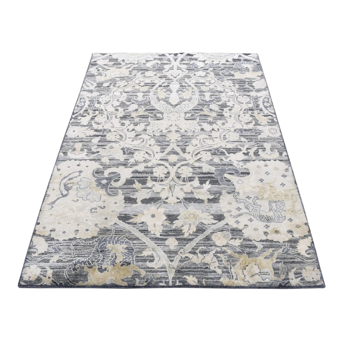 4'x6'3" Thunder Gray Hunting Design Silk with Wool Hand Knotted Rug: 4'x6'3" Thunder Gray Hunting Design Silk with Wool Hand Knotted Rug Hand-knotted in wool and silk, this 4'x6'3" Thunder Gray Hunting Design rug boasts an intricate pattern that showcases the artistry 