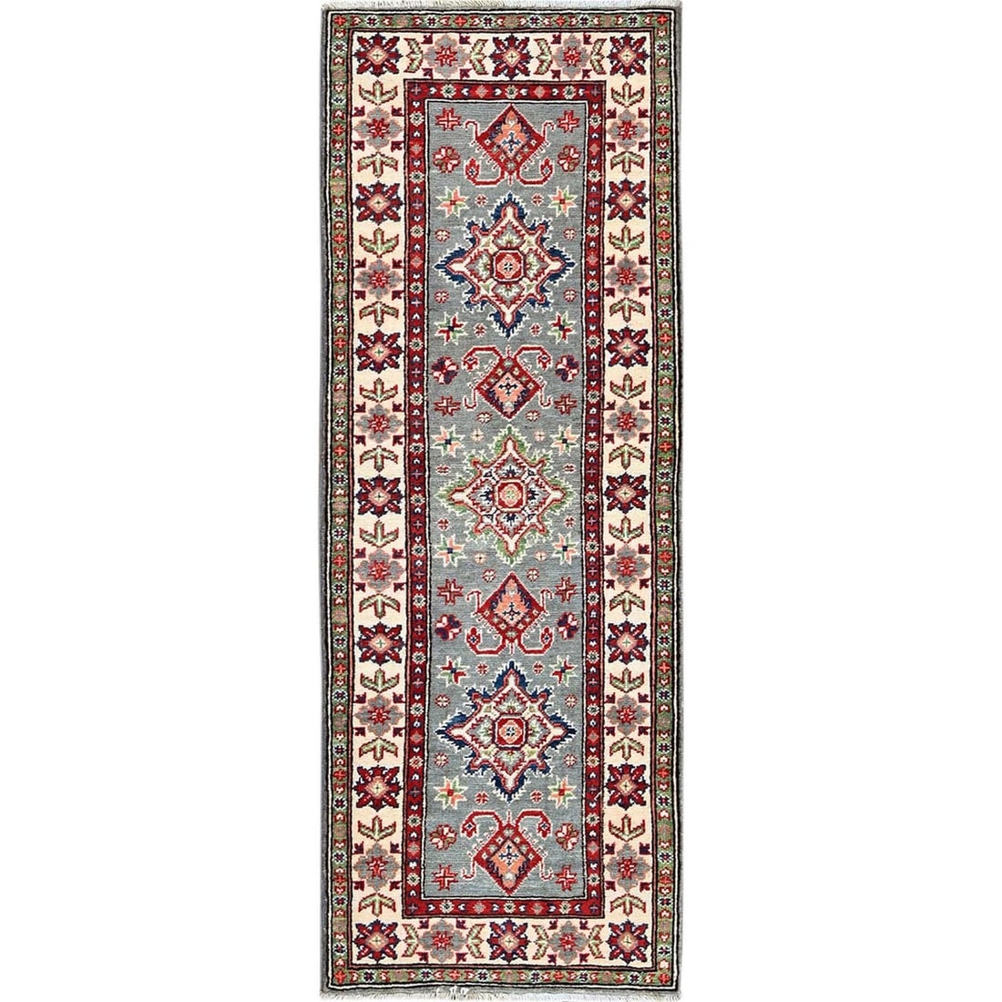 2'2"x6' Misty Gray Kazak Medallions Design Wool Hand Knotted Runner Rug: 2'2"x6' Misty Gray Kazak Medallions Design Wool Hand Knotted Runner Rug The Misty Gray Kazak Medallions Design Wool Hand Knotted Runner Rug boasts a stunning medallion pattern in soothing grey hues, e