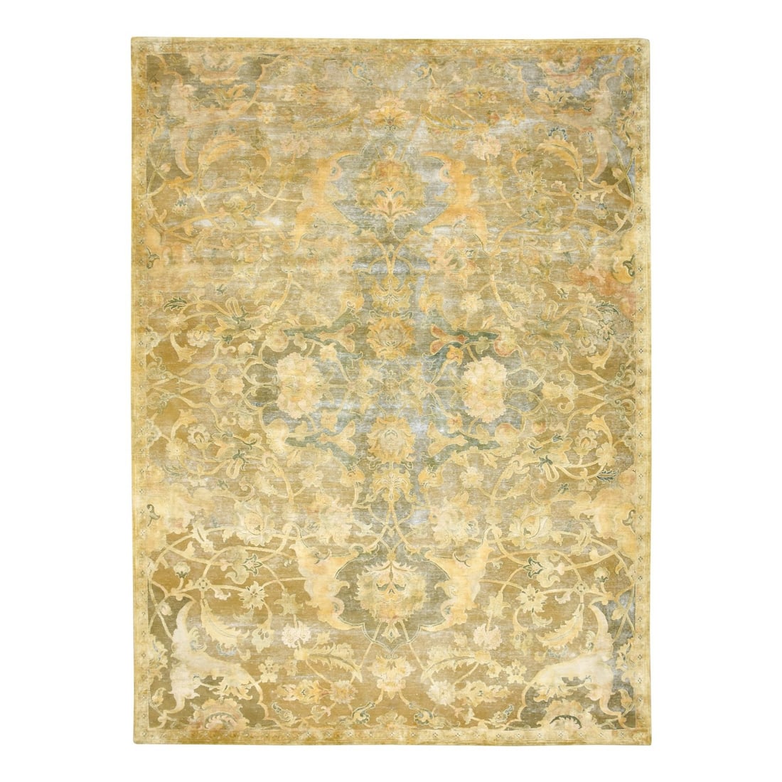 9'x12'3" Yellow Zoroastrian Polonaise Influence Design Silk Hand Knotted: 9'x12'3" Yellow Zoroastrian Polonaise Influence Design Silk Hand Knotted Yellow Zoroastrian Polonaise Influence Design Silk Hand Knotted Rug - A stunning 9'x12'3" rectangular field rug featuring an al