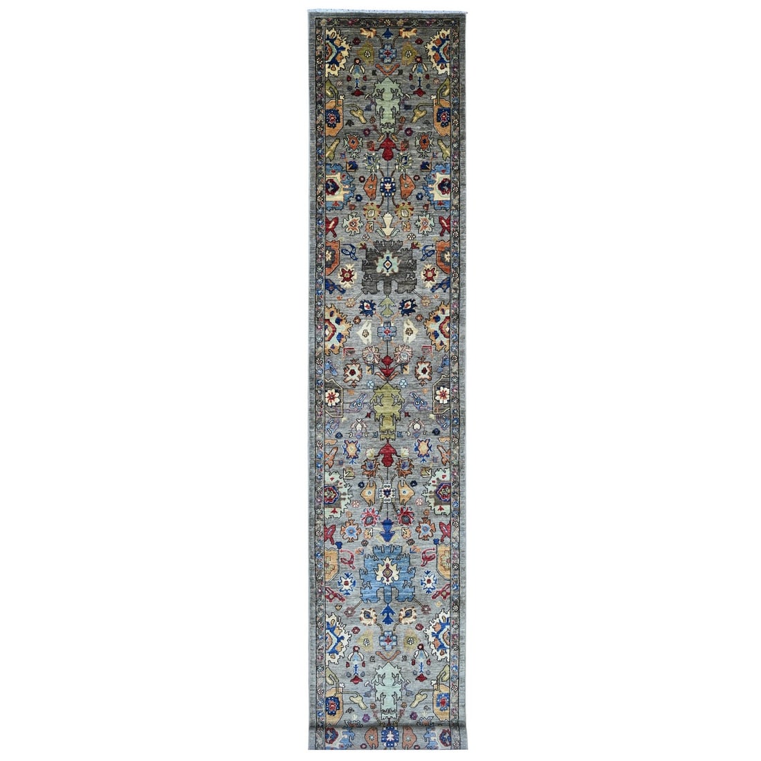 3'x19'9" Gray Heris All Over Design Hand Knotted Wool Runner Oriental Rug: 3'x19'9" Gray Heris All Over Design Hand Knotted Wool Runner Oriental Rug The Heris All Over Design Hand Knotted Wool Runner Oriental Rug boasts an all-over design in rich grey hues, creating a stunni