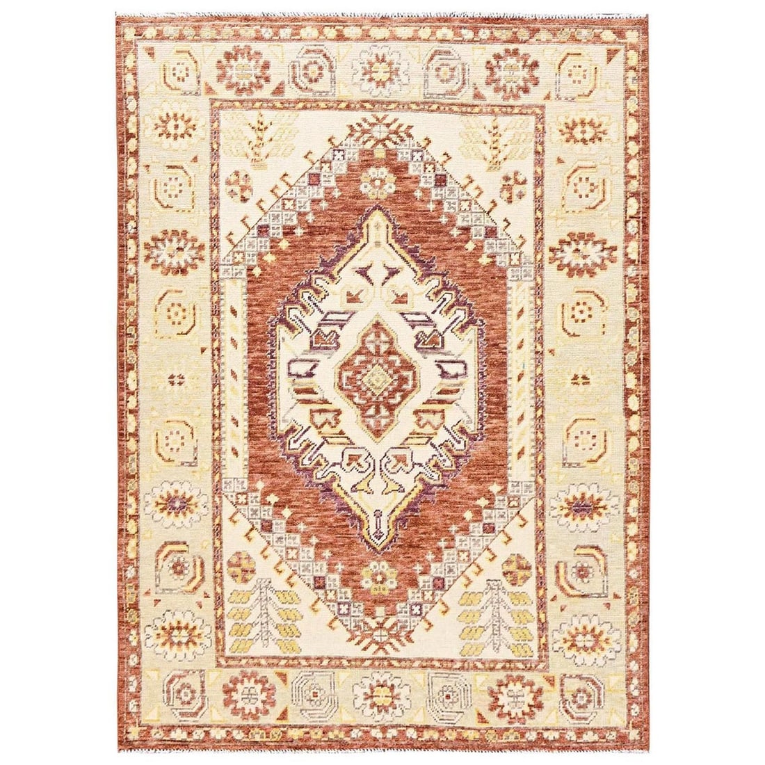 Pure wool rug Pecan brown Anatolian village design hand knotted 4'10"x6'9: Pure wool rug Pecan brown Anatolian village design hand knotted 4'10"x6'9 Hand-knotted in rich, warm wool, this Anatolian village design rug boasts intricate medallion patterns in earthy tones.