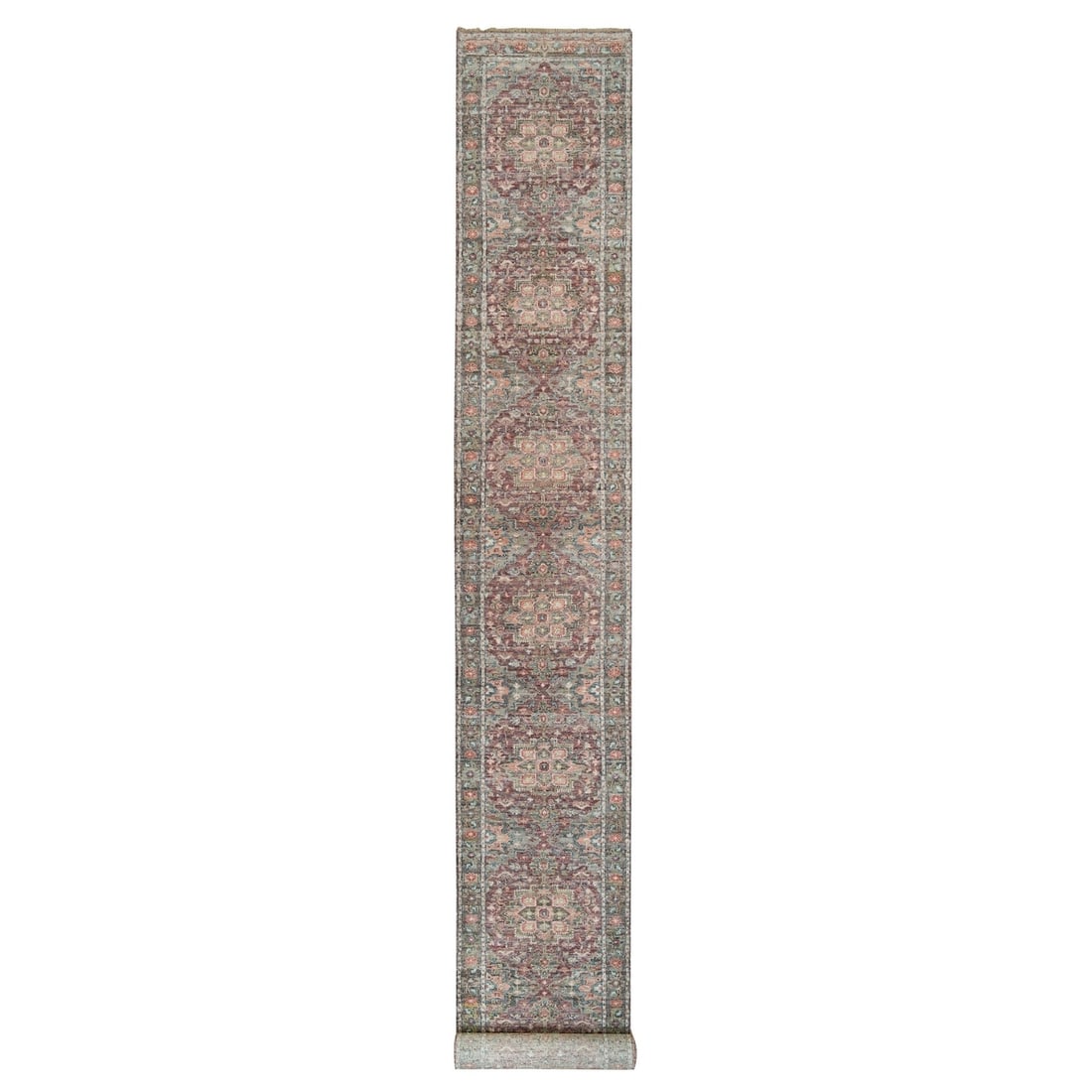 2'6"x19'8" Prune Red Heriz Revival Hand Knotted All Wool XL Runner Rug: 2'6"x19'8" Prune Red Heriz Revival Hand Knotted All Wool XL Runner Rug Hand-knotted in wool, this vibrant red Heriz Revival rug boasts an eye-catching Oriental pattern and a striking field color. Meas