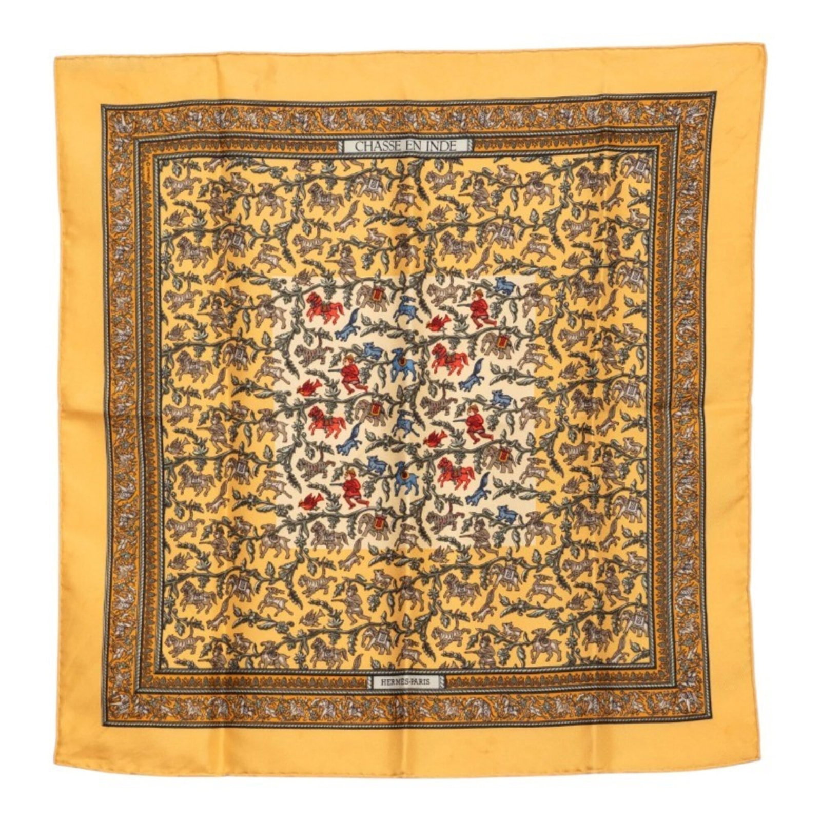 Silk by Hermes: Silk by Hermes Silk by Hermes, a vibrant multi-color scarf featuring a striking yellow hue, crafted from high-quality silk fabric. Measuring 42cm x 42cm, it boasts a compact yet elegant design. This b