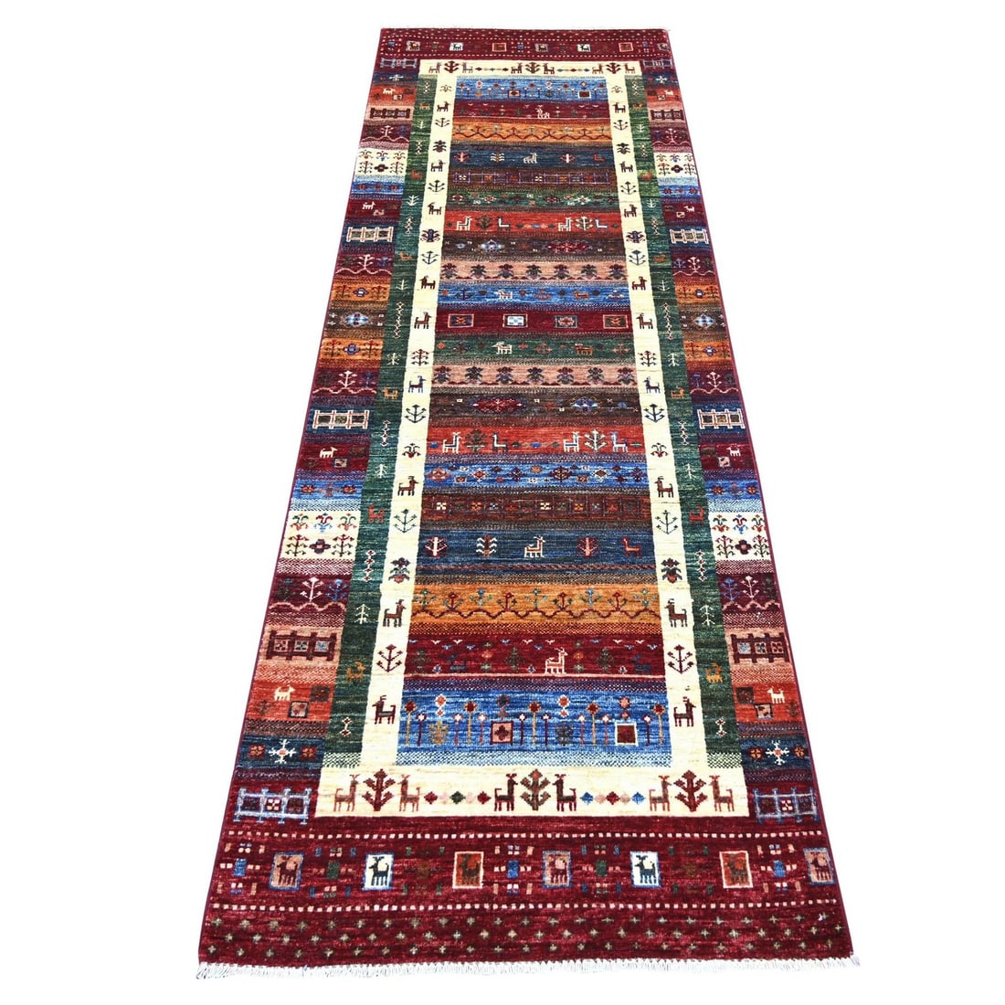 2'8"x8'3" Red Kashkuli Animal Figurines Hand Knotted Pure Wool Runner Rug: 2'8"x8'3" Red Kashkuli Animal Figurines Hand Knotted Pure Wool Runner Rug Hand-knotted in pure wool, this stunning Red Kashkuli animal figurine runner rug boasts vibrant red colors and an intricate