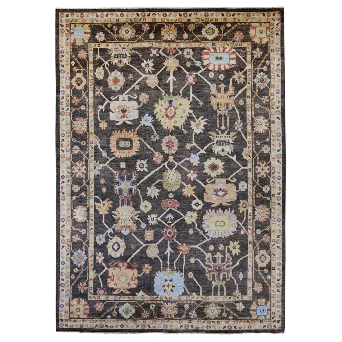 10'x13'10" Black Angora Oushak with Leaf Design Hand Knotted Wool Rug: 10'x13'10" Black Angora Oushak with Leaf Design Hand Knotted Wool Rug 10'x13'10" Black Angora Oushak with Leaf Design Hand Knotted Wool Rug. This stunning piece features a striking leaf design in rich