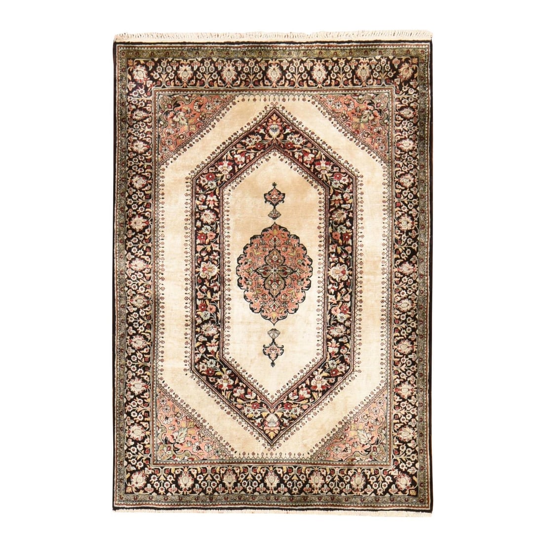 3'3"x5' Ivory Pure Silk Vintage Zoroastrian Signed 600 KPSI Hand Knotted: 3'3"x5' Ivory Pure Silk Vintage Zoroastrian Signed 600 KPSI Hand Knotted The Zoroastrian hand-knotted silk rug boasts an exquisite ivory color and intricate medallion pattern, woven with exceptional s