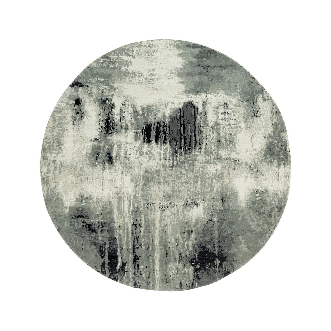6'x6' Obsidian Black Hand Knotted Abstract Wool and Silk Round Rug: 6'x6' Obsidian Black Hand Knotted Abstract Wool and Silk Round Rug The 6'x6' Obsidian Black Hand Knotted Abstract Wool and Silk Round Rug boasts an all-black, modern design with a subtle sheen from