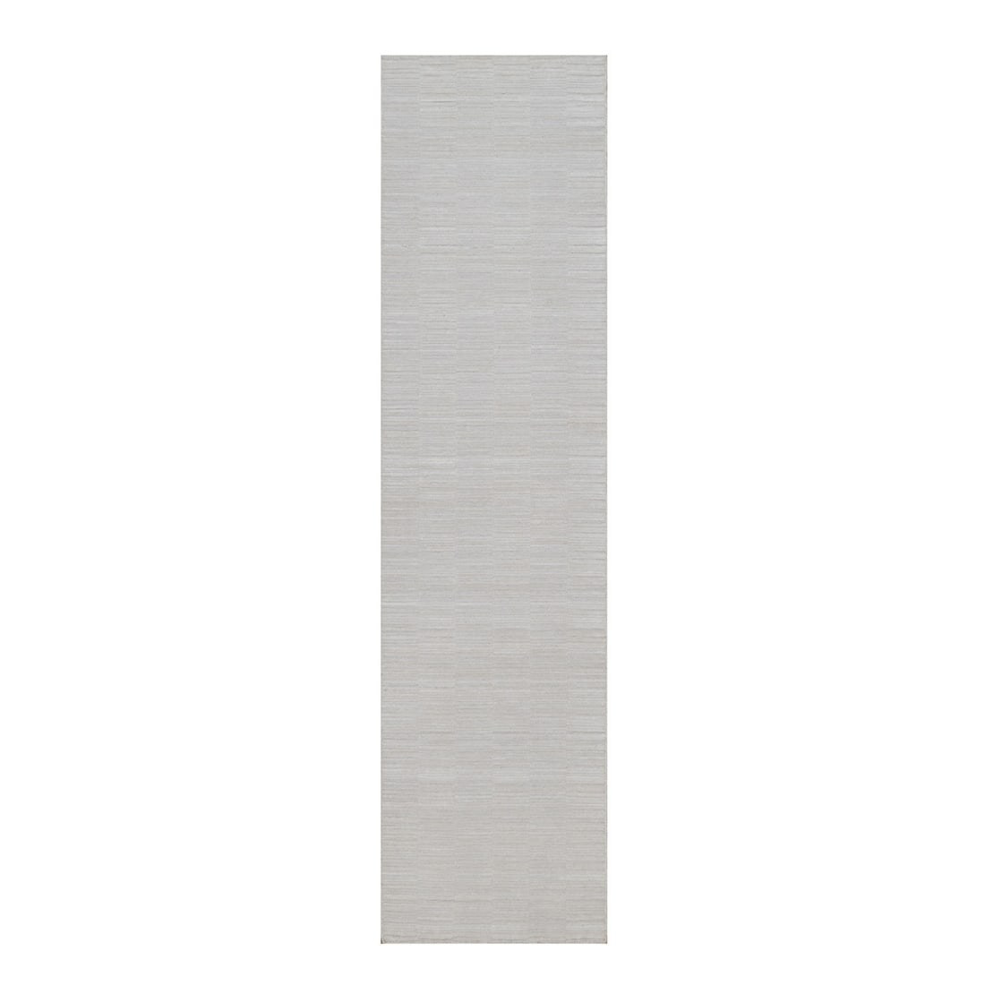 Ivory hand loomed plain modern striae design pure wool runner rug: Ivory hand loomed plain modern striae design pure wool runner rug Pure wool, hand loomed in modern striae design, creates a striking visual effect on the ivory-colored field. Measuring 2'6" x 10', thi