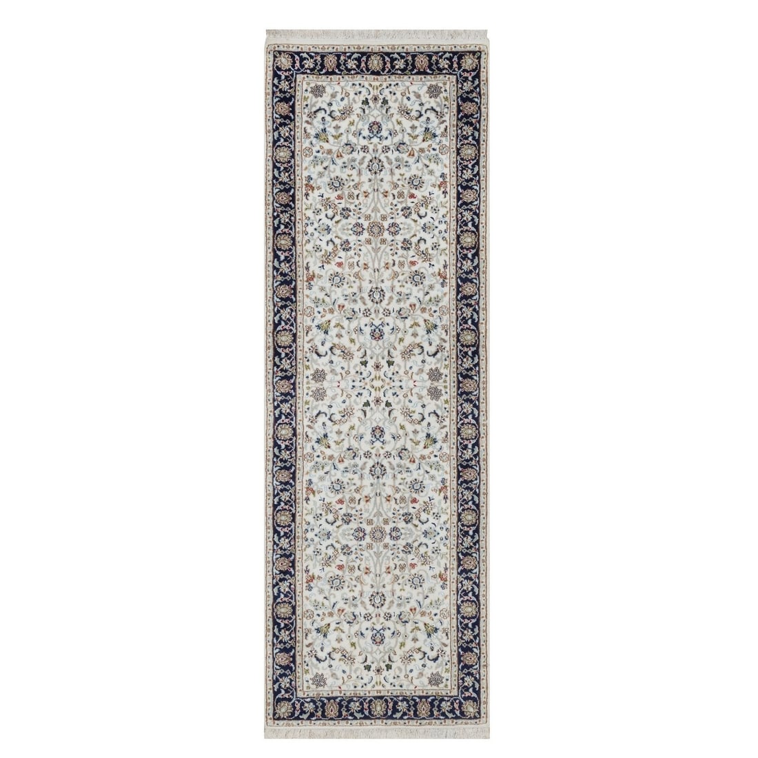 2'8"x8'3" Ivory Nain All Over Design Hand Knotted Wool & Silk Runner Rug: 2'8"x8'3" Ivory Nain All Over Design Hand Knotted Wool & Silk Runner Rug Hand-knotted wool and silk runner rug with an all-over design in ivory, complemented by subtle accents of green, brown, light