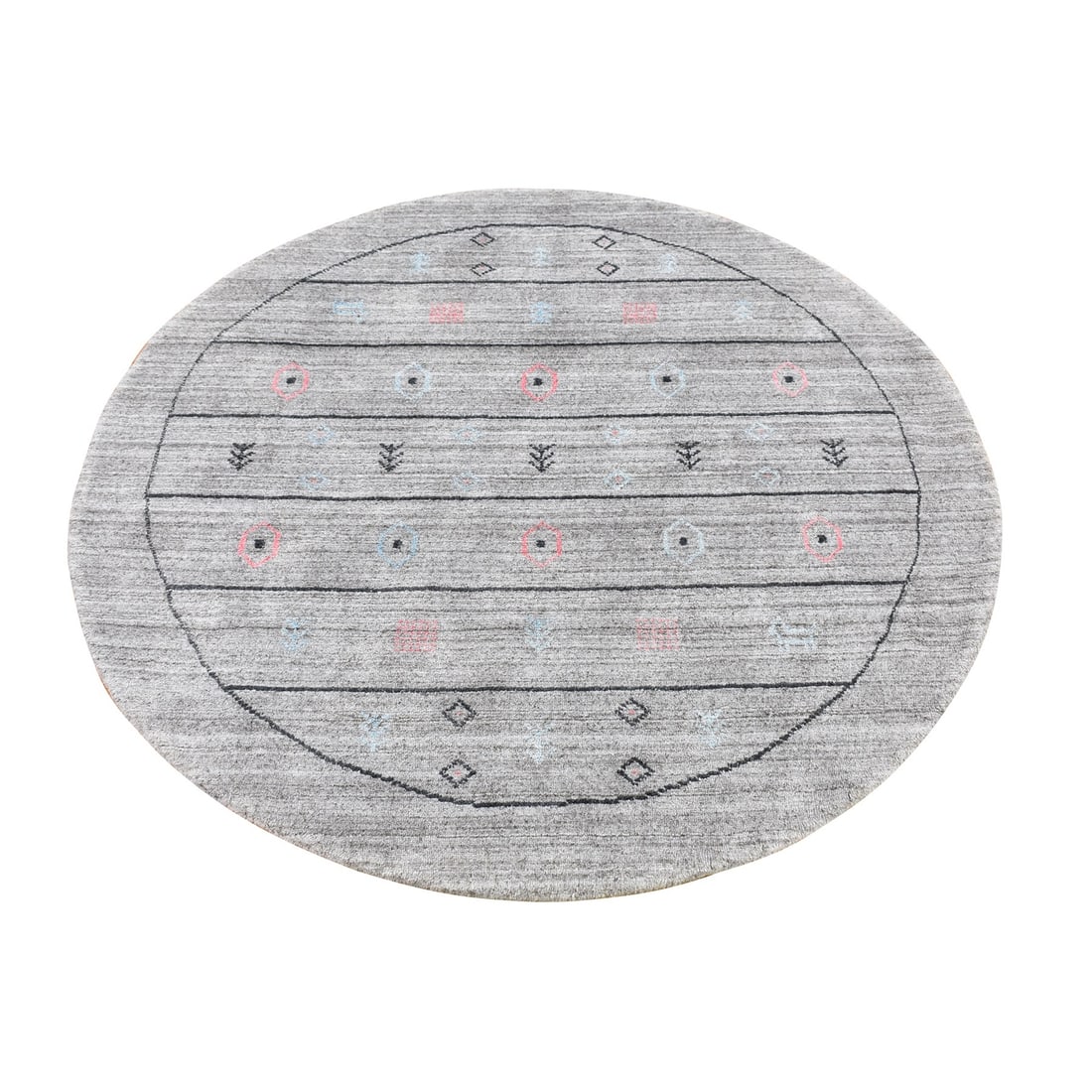 4'1"x4'1" Gray Wool and Silk Hand Loomed Gabbeh Round Oriental Rug: 4'1"x4'1" Gray Wool and Silk Hand Loomed Gabbeh Round Oriental Rug The hand loomed Gabbeh round Oriental rug boasts a stunning grey color, expertly woven from wool and silk to create a rich texture.