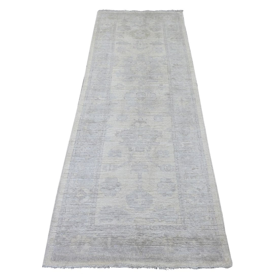2'9"x7'8" Ivory Angora Oushak Leaf Design Hand Knotted Wool Runner Rug: 2'9"x7'8" Ivory Angora Oushak Leaf Design Hand Knotted Wool Runner Rug This stunning ivory Angora Oushak leaf design hand knotted wool runner rug boasts intricate floral patterns and a rich, neutral