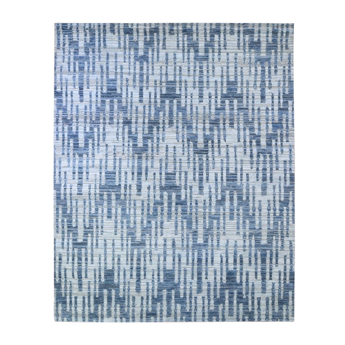 8'x10' Zigzag with Graph Design Blue Pure Silk and Textured Wool Rug: 8'x10' Zigzag with Graph Design Blue Pure Silk and Textured Wool Rug This stunning 8'x10' Zigzag with Graph Design Blue Pure Silk and Textured Wool Rug boasts vibrant blue hues and intricate