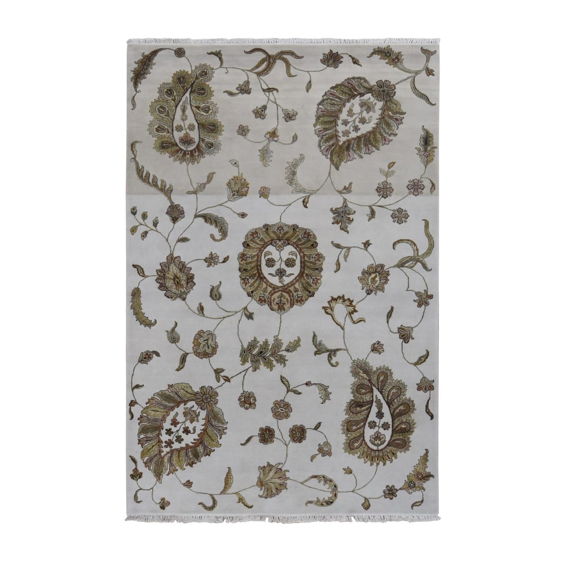 6'x9'2" Timberwolf Gray Rajasthan Design Wool and Silk Hand Knotted Rug: 6'x9'2" Timberwolf Gray Rajasthan Design Wool and Silk Hand Knotted Rug The 6'0" x 9'2" Rajasthan design wool and silk hand knotted rug boasts a stunning Timberwolf Gray color palette, with intricate 