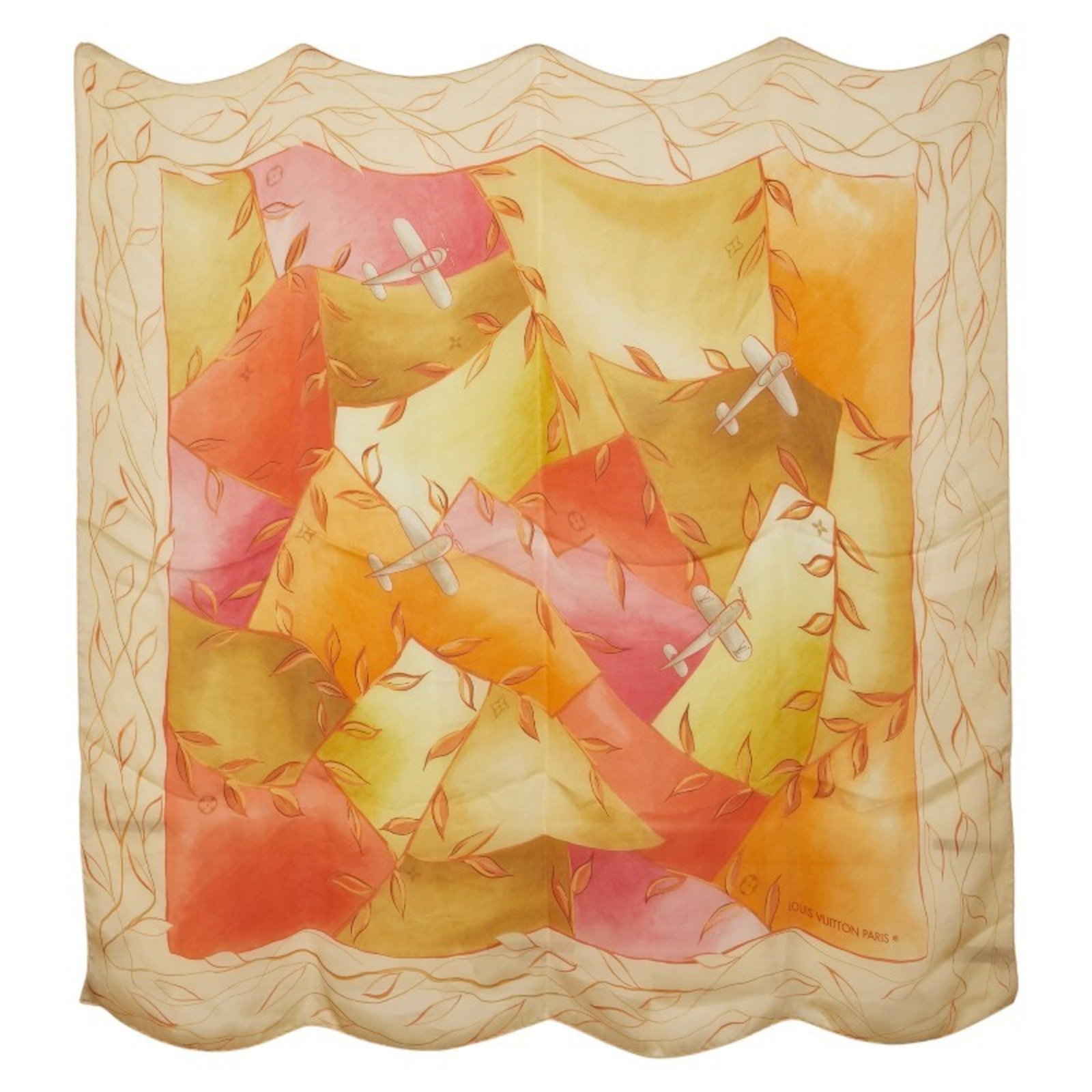 Silk Scarf by Louis Vuitton: Silk Scarf by Louis Vuitton Silk Scarf by Louis Vuitton, featuring the iconic Monogram pattern in beige and multi-color hues. Made from high-quality silk, this scarf measures 95cm x 94cm. A stylish