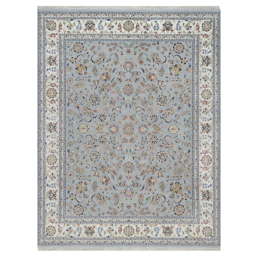 7'10"x10'2" Light Blue Nain with All Over Design Wool and Silk Hand Knotted: 7'10"x10'2" Light Blue Nain with All Over Design Wool and Silk Hand Knotted 7'10"x10'2" Light Blue Nain with All Over Design Wool and Silk Hand Knotted - A stunning, hand-knotted rug from the Nain sty