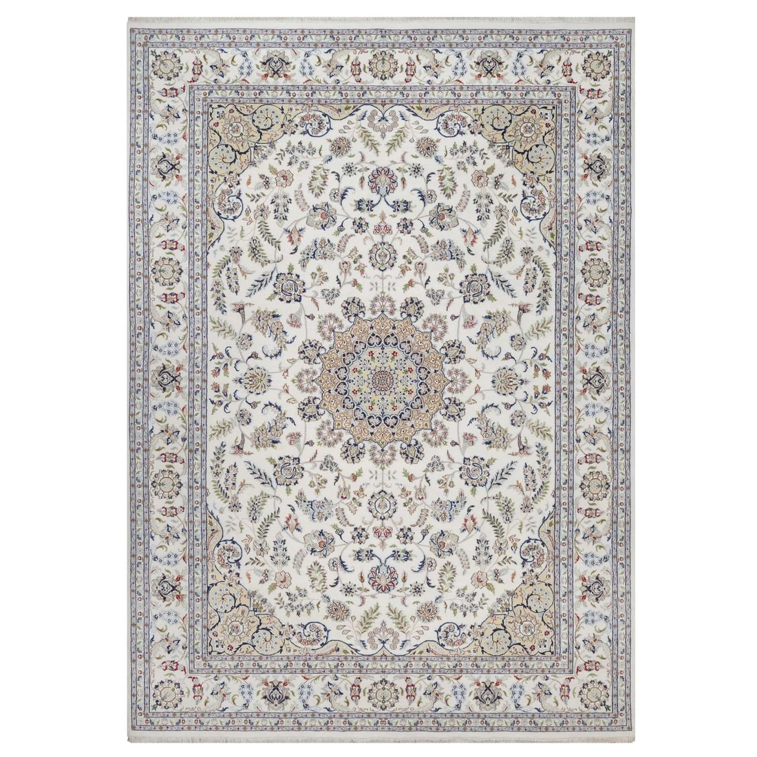 10'x14' Ivory Hand Knotted Nain with Medallion Design Wool and Silk 250 KPSI: 10'x14' Ivory Hand Knotted Nain with Medallion Design Wool and Silk 250 KPSI Ivory Nain Rug with Medallion Design - A stunning example of traditional Oriental craftsmanship. This hand-knotted wool and