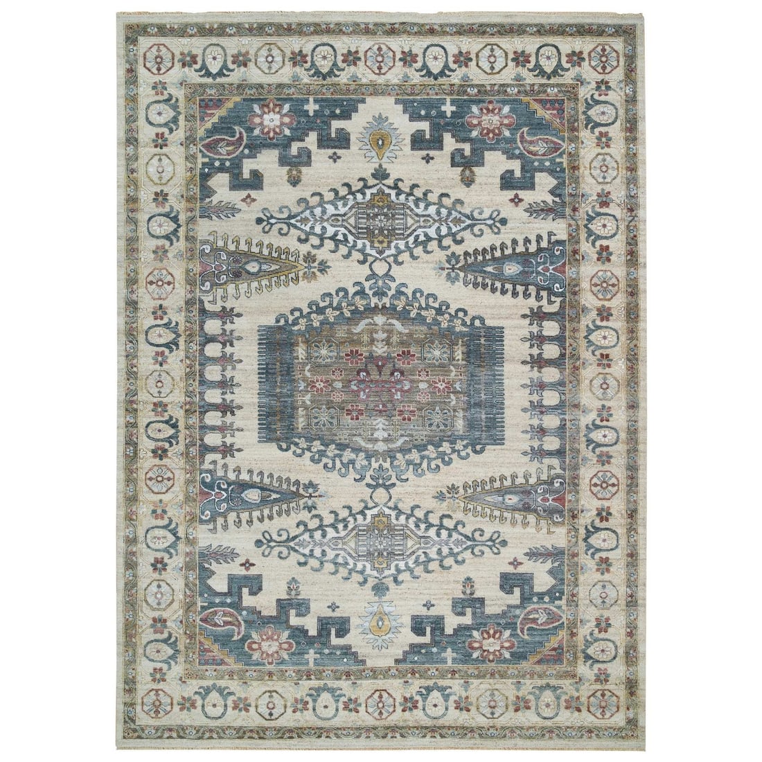 10'x14' Ivory Hand Knotted Reimagined Viss Design 100% Wool Oriental Rug: 10'x14' Ivory Hand Knotted Reimagined Viss Design 100% Wool Oriental Rug This stunning 10'x14' hand-knotted wool Oriental rug boasts an ivory field with intricate Viss design, reimagined in a unique a