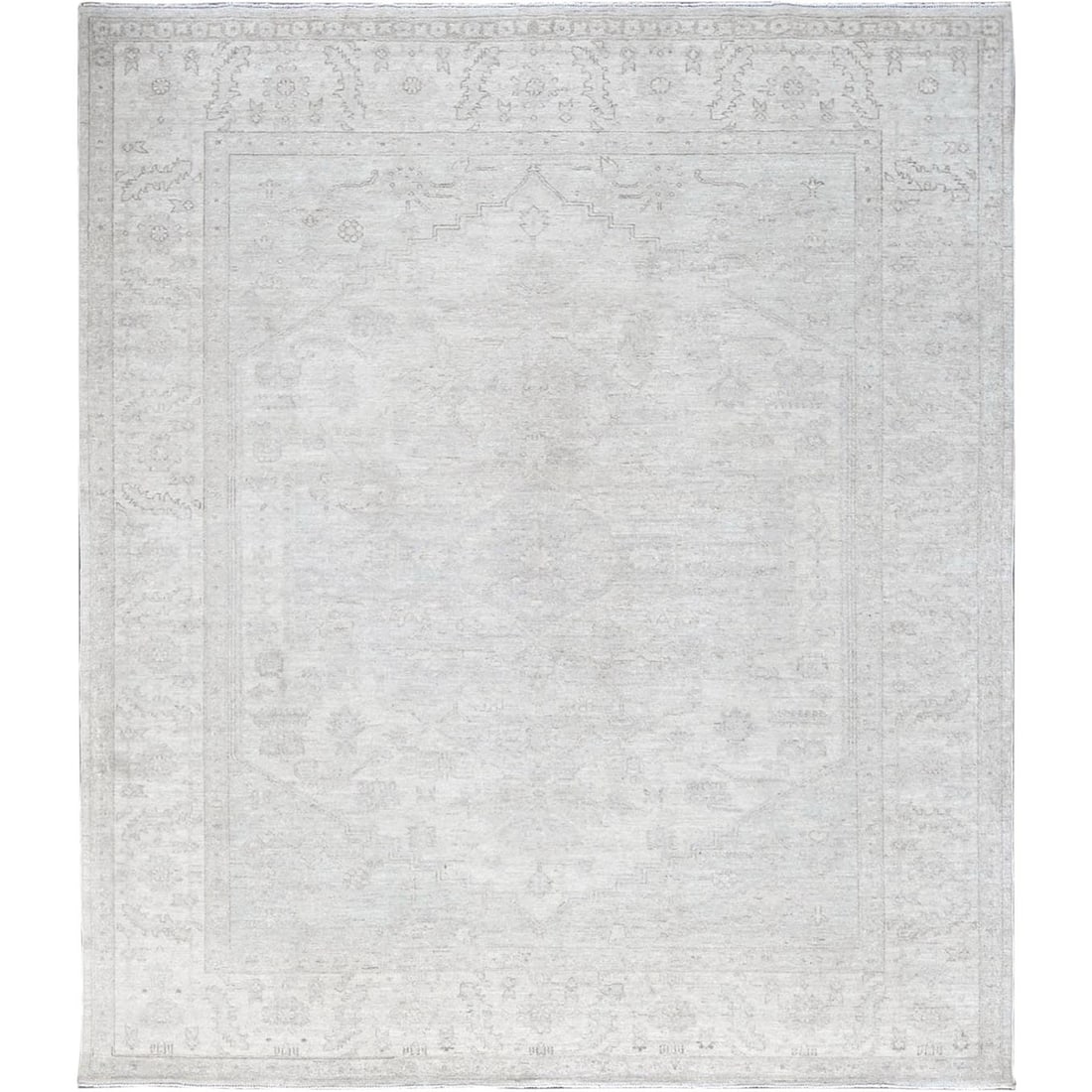 8'x9'9" Bone White Washed Out Peshawar Hand Knotted Pure Wool Oriental Rug: 8'x9'9" Bone White Washed Out Peshawar Hand Knotted Pure Wool Oriental Rug The Peshawar hand-knotted pure wool Oriental rug boasts an impressive ivory color and intricate regional design, showcasing t