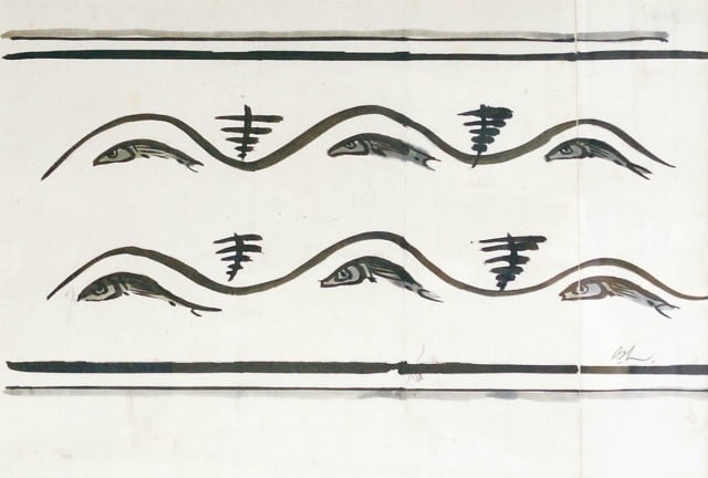 Mingei folk art fish woodblock print landscape framed by Bernard Leach (1 of 1)