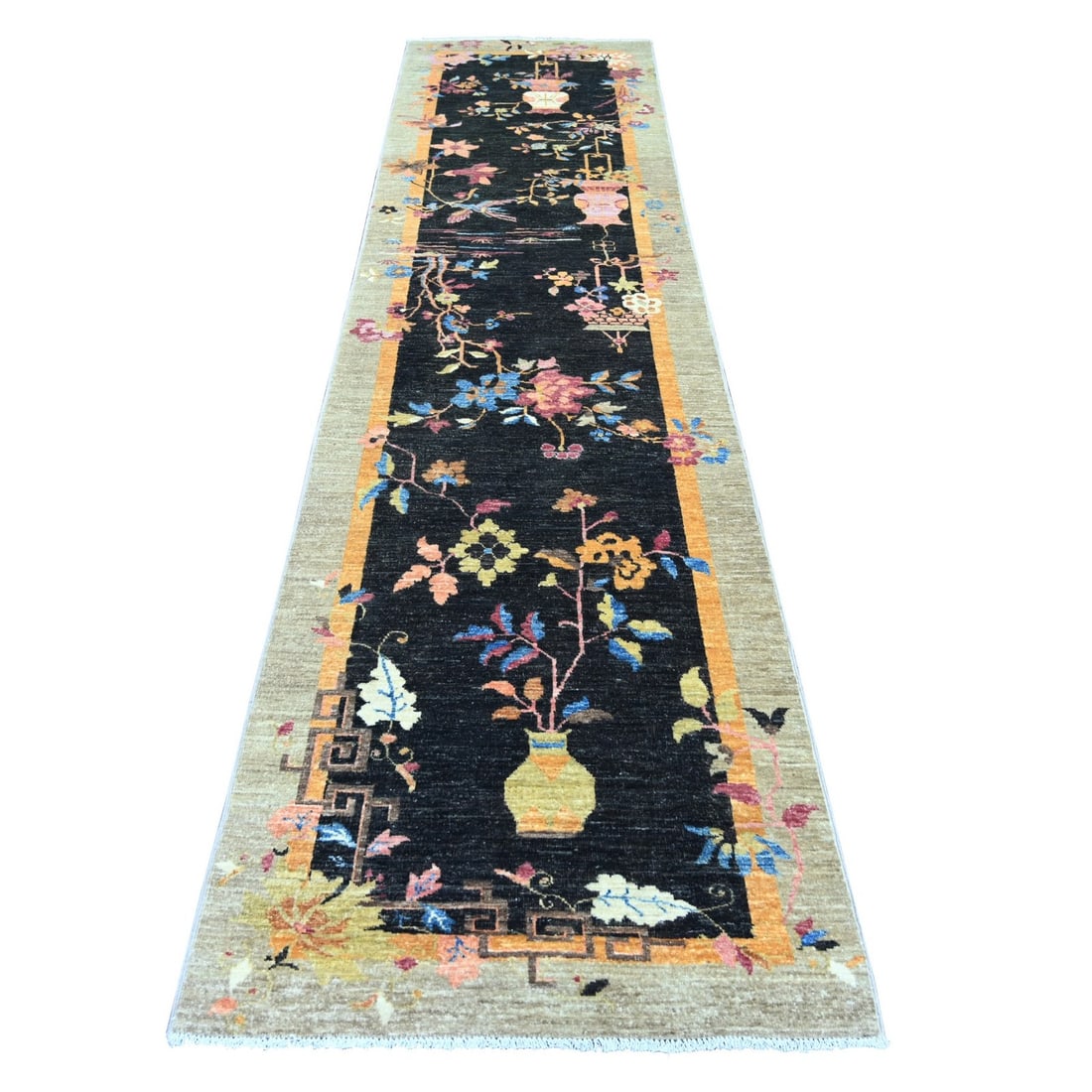 3'x11'10" Black Hand Knotted Chinese Art Deco Inspired Peshawar Wool Runner: 3'x11'10" Black Hand Knotted Chinese Art Deco Inspired Peshawar Wool Runner Black Hand Knotted Peshawar Wool Runner boasts an intricate floral design in black and vibrant orange, pink, green, ivory, b