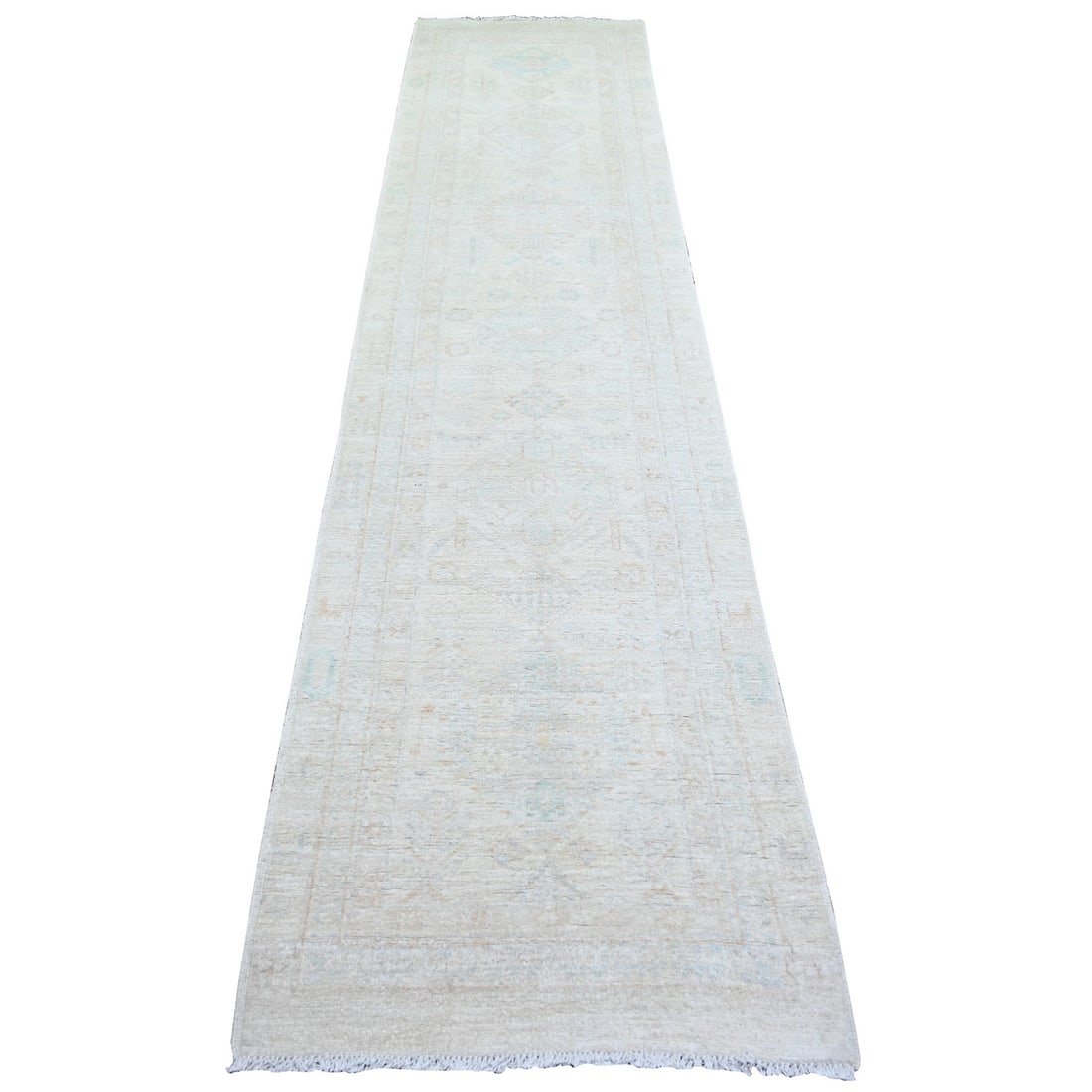 2'7"x11'3" White Wash Peshawar Wool Hand Knotted Runner Oriental Rug: 2'7"x11'3" White Wash Peshawar Wool Hand Knotted Runner Oriental Rug This stunning White Wash Peshawar Wool Hand Knotted Runner Oriental Rug boasts an impressive size and intricate details, measuring 