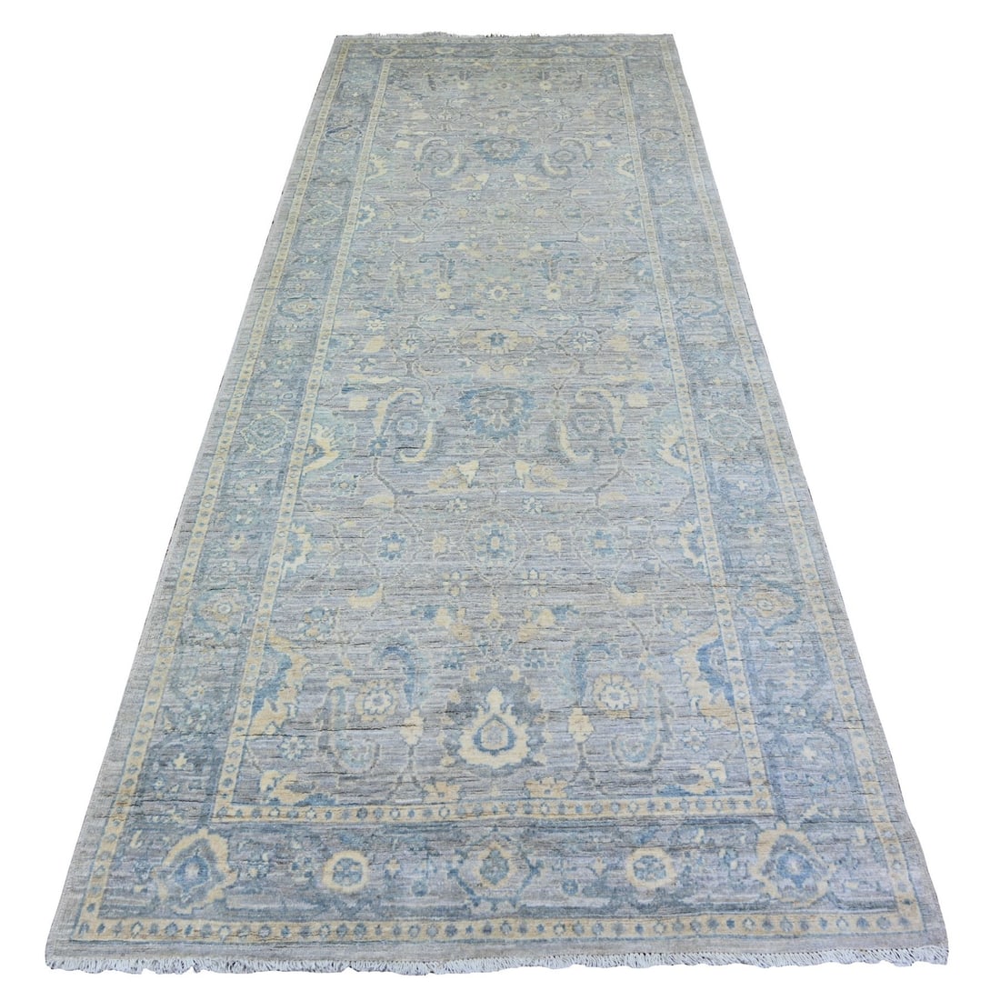 4'x10' Gray Finer Peshawar Soft Wool Hand Knotted Runner Oriental Rug: 4'x10' Gray Finer Peshawar Soft Wool Hand Knotted Runner Oriental Rug The 4'x10' Gray Peshawar Soft Wool Hand Knotted Runner Oriental Rug boasts a stunning grey field with intricate regional design,