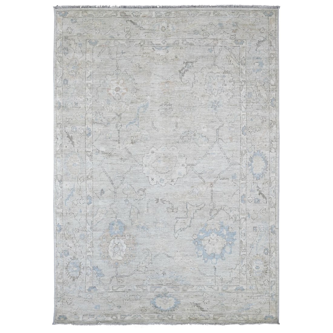 6'1"x8'10" Gray Afghan Angora Oushak Leaf Design Hand Knotted Wool Rug: 6'1"x8'10" Gray Afghan Angora Oushak Leaf Design Hand Knotted Wool Rug 6'1"x8'10" Gray Afghan Angora Oushak Leaf Design Hand Knotted Wool Rug, featuring a stunning floral pattern in shades of grey and