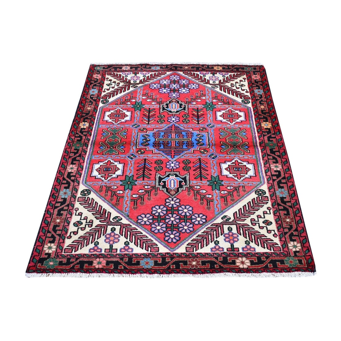 3'8"x5'3" Vintage Farsian Amadan Exc Cond Tribal Design Wool Handmade Rug: 3'8"x5'3" Vintage Farsian Amadan Exc Cond Tribal Design Wool Handmade Rug This vintage Farsian Amadan Exc Cond Tribal Design Wool Handmade Rug boasts a striking red field with intricate regional