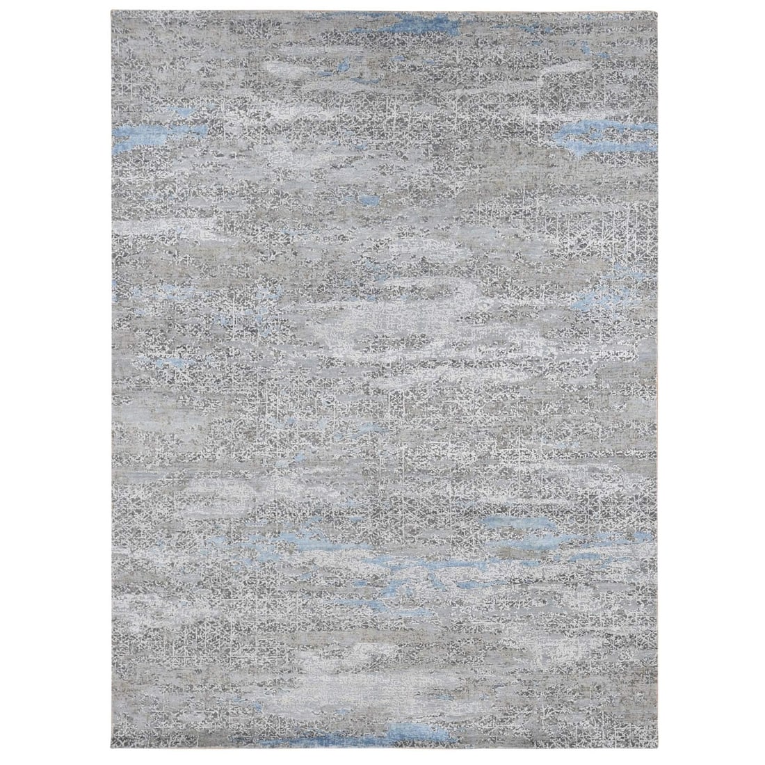 Silk Wool Rug Contemporary Design Hand Knotted 9'x12'3" Gray: Silk Wool Rug Contemporary Design Hand Knotted 9'x12'3" Gray Hand-knotted in wool and silk, this contemporary design rug boasts an intricate pattern in neutral grey tones. Measuring 9'0" x 12'3", it