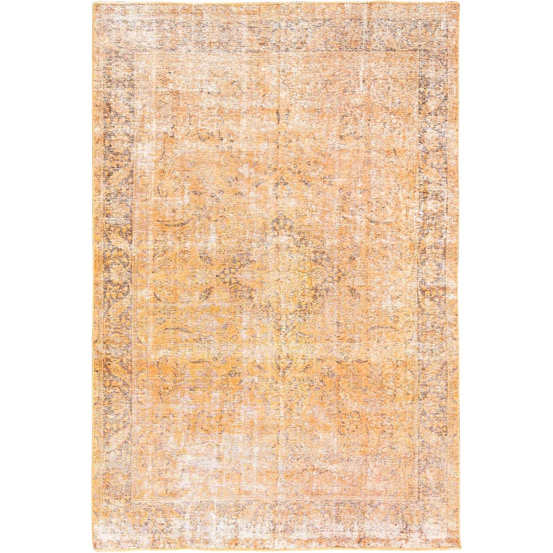 6'5"x10' Orange Soft Wool Hand Knotted Vintage Zoroastrian Tebraz Rug: 6'5"x10' Orange Soft Wool Hand Knotted Vintage Zoroastrian Tebraz Rug Orange Soft Wool Hand Knotted Zoroastrian Tebraz Rug boasts a vibrant orange field, intricately woven with wool in a traditional