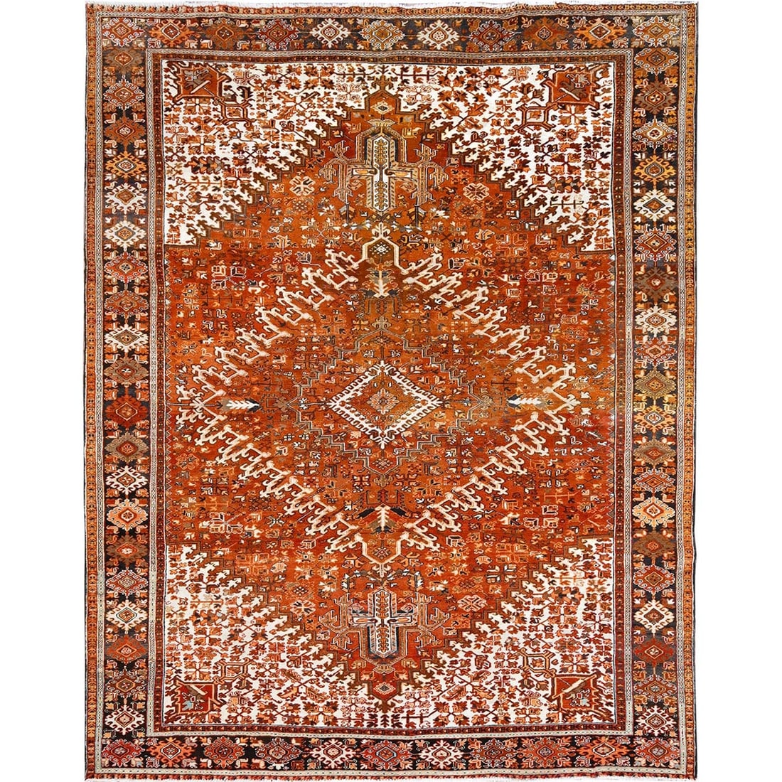10'2"x13' Orange Semi Antique Zoroastrian Heris Worn Wool Handknotted Rug: 10'2"x13' Orange Semi Antique Zoroastrian Heris Worn Wool Handknotted Rug The 10'2"x13' Orange Semi Antique Zoroastrian Heris Worn Wool Handknotted Rug boasts a striking orange hue and intricate, worn