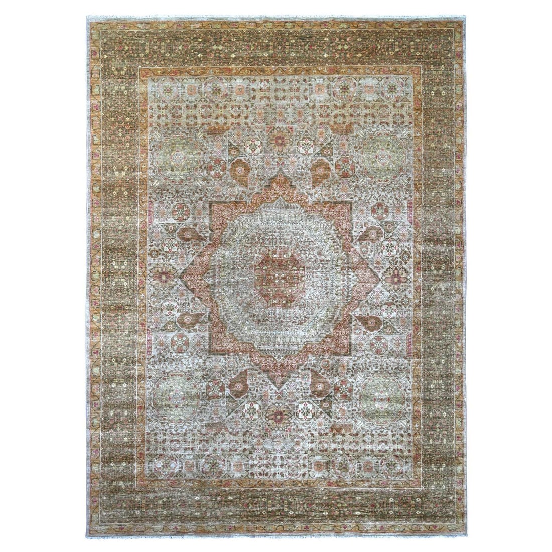9'9"x13'4" Light Gray Hand Knotted 14th Century Mamluk Design Wool Rug: 9'9"x13'4" Light Gray Hand Knotted 14th Century Mamluk Design Wool Rug 9'9" x 13'4" Light Gray Mamluk Design Wool Rug. Hand-knotted in wool, this rectangular field rug features a medallion pattern