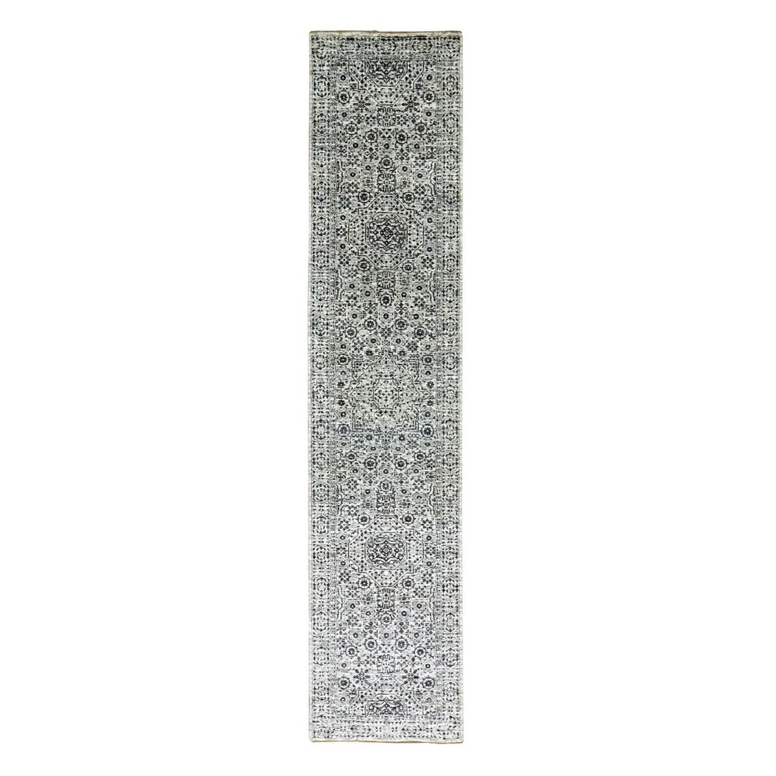 2'7"x12' White Mamluk Dynasty Design Undyed Wool Hand Knotted Runner Rug: 2'7"x12' White Mamluk Dynasty Design Undyed Wool Hand Knotted Runner Rug Hand-knotted in undyed wool, this stunning Mamluk Dynasty design runner rug boasts intricate patterns and a timeless ivory