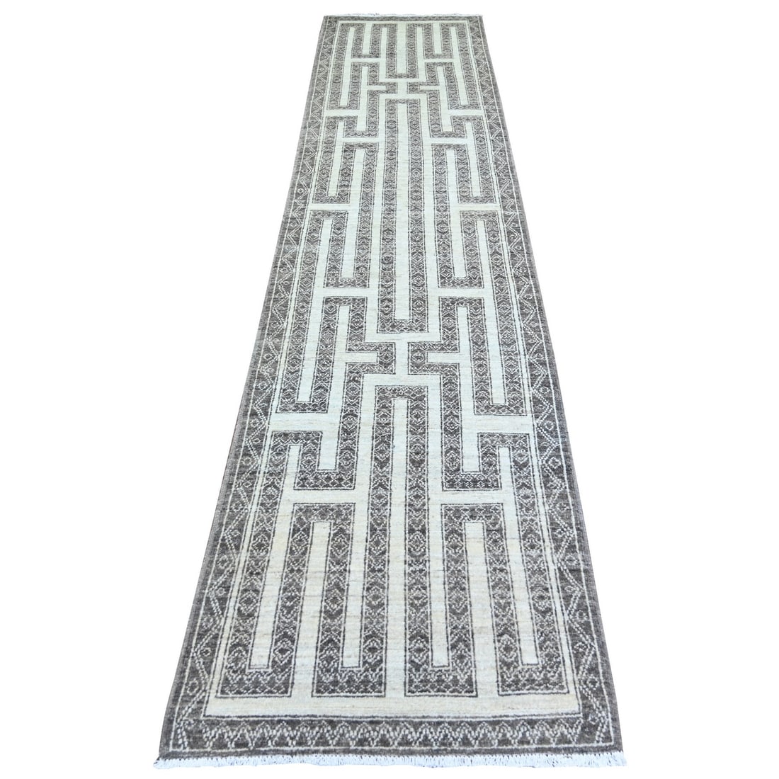 2'7"x11'7" Taupe Brown Hand Knotted Wool Fine Peshawar Runner Rug: 2'7"x11'7" Taupe Brown Hand Knotted Wool Fine Peshawar Runner Rug The Peshawar Type Taupe Brown Hand Knotted Wool Fine Rug boasts a rich, earthy tone and intricate design, characteristic of traditiona