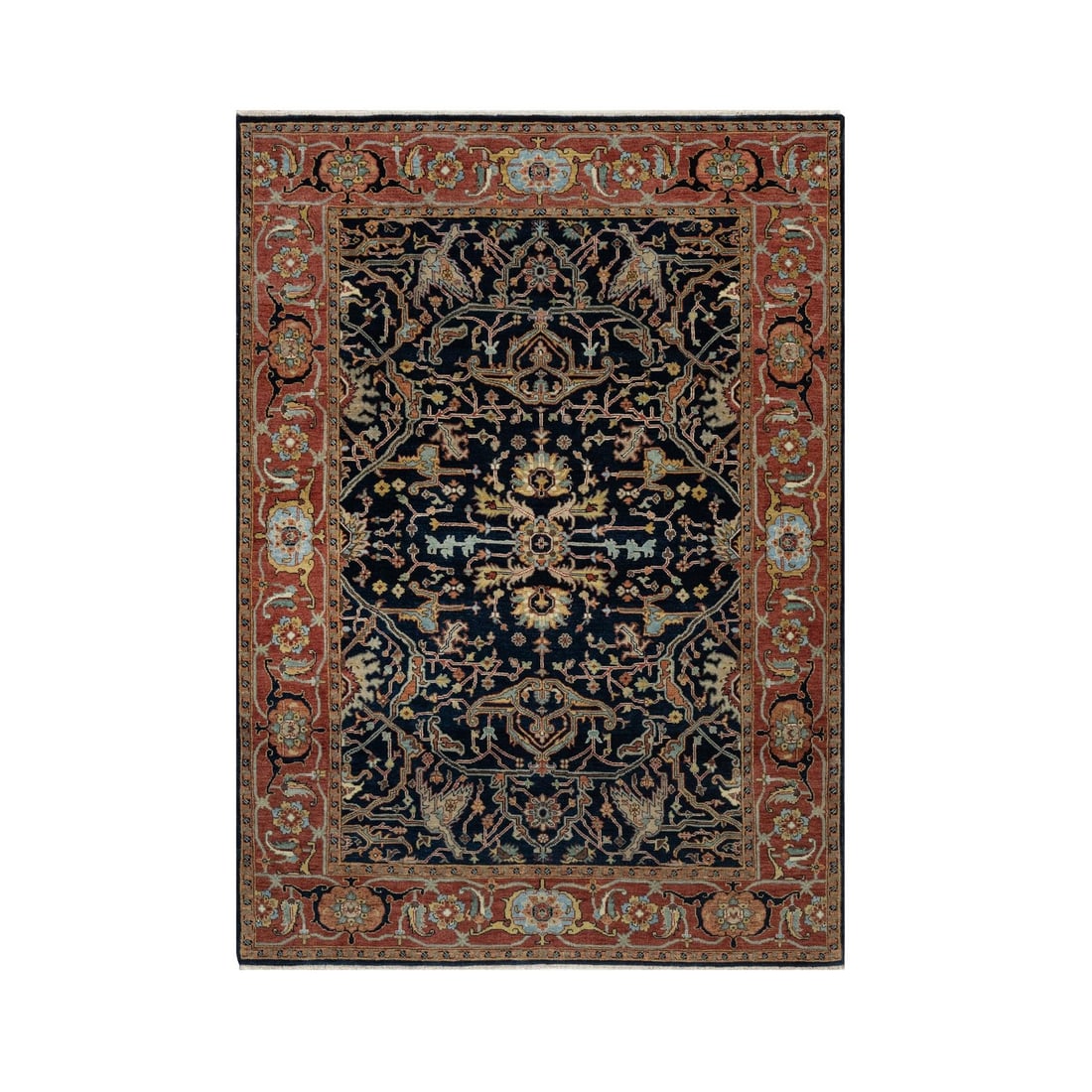 5'x7'2" Blue Natural Dyes All Wool Antiqued Fine Heris Hand Knotted Rug: 5'x7'2" Blue Natural Dyes All Wool Antiqued Fine Heris Hand Knotted Rug The Blue Natural Dyes All Wool Antiqued Fine Heris Hand Knotted Rug boasts an exquisite, rectangular field of blue hues,
